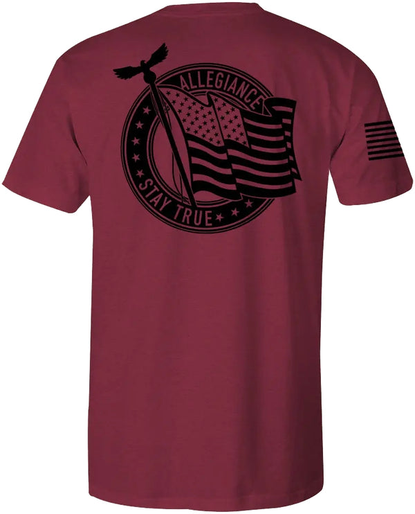 Back of Pledge Premium Tee in Burgundy showcasing large Pledge logo symbolizing commitment and national pride