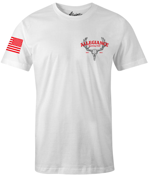 Front of Hunting Club Graphic Tee in white with small Allegiance chest logo and American flag sleeve print