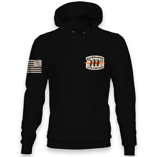 Front view of Allegiance Snake Bite Hoodie with small chest snake design