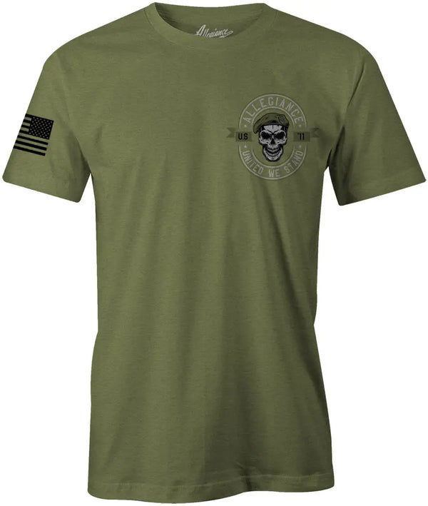 Front of Beret Premium Tee in OD Green with small chest graphic and American flag sleeve print