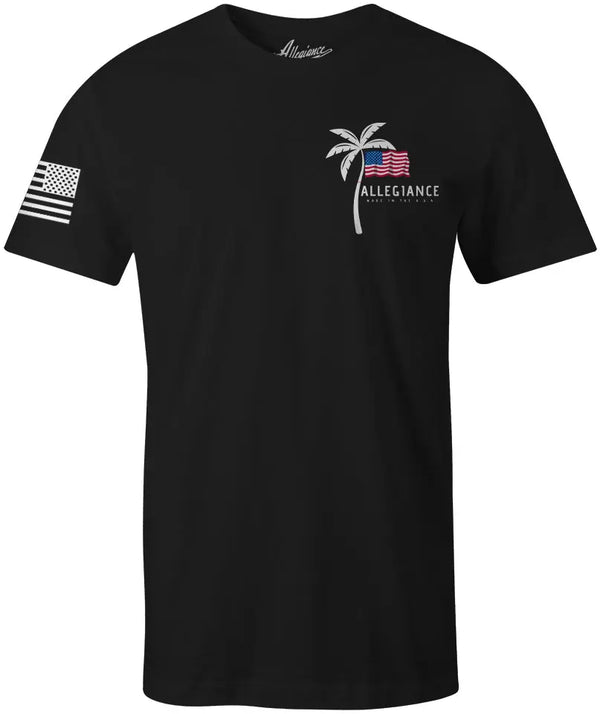 Front of Vibe Tee in black with small chest graphic and American flag sleeve print