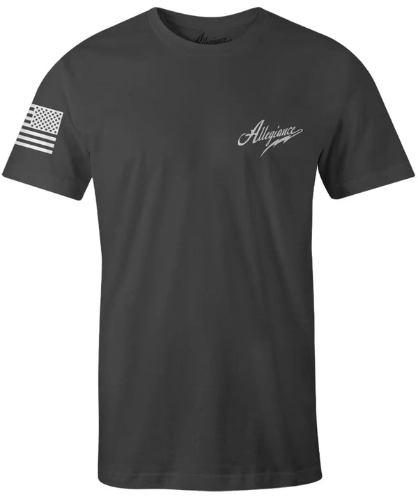 Front of Classic Premium Tee in Dark Charcoal with small chest graphic and American flag sleeve print