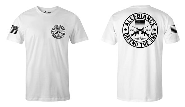 Flat lay of Defend The 2nd Classic Tee in white showing both chest and back design