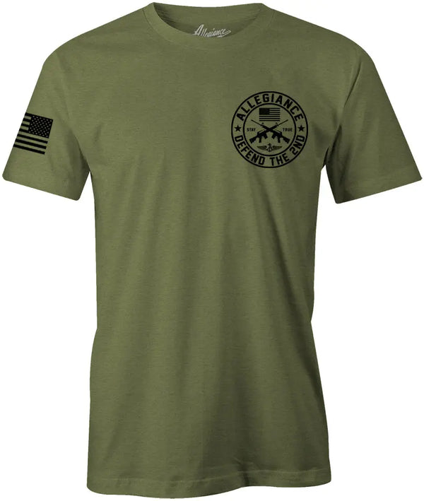 Front of Defend The 2nd Premium Tee in OD Green with chest graphic and sleeve flag