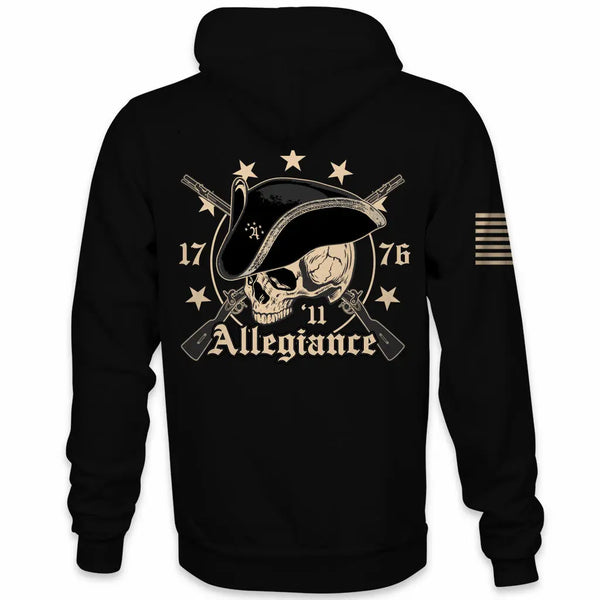 Back view of Allegiance Revolution Hoodie with skull tricorn hat rifles and 1776 graphic