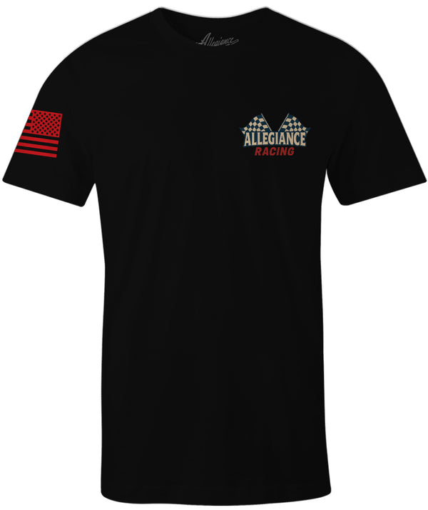 Front view of Allegiance Racing Tee with checkered flag logo and red American flag on sleeve