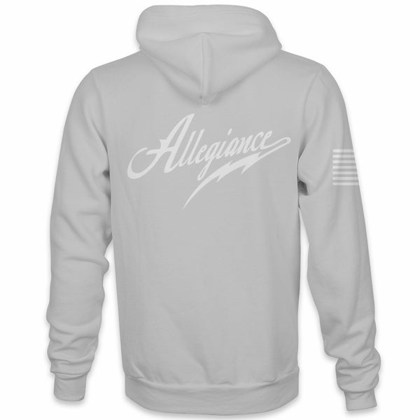 Back view of Allegiance Classic Hoodie in Lunar Rock featuring large white Allegiance script.