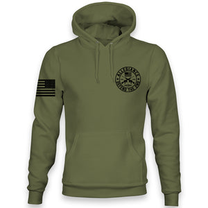 Front view of the OD Green Allegiance Defend the 2nd Hoodie with small chest crest design