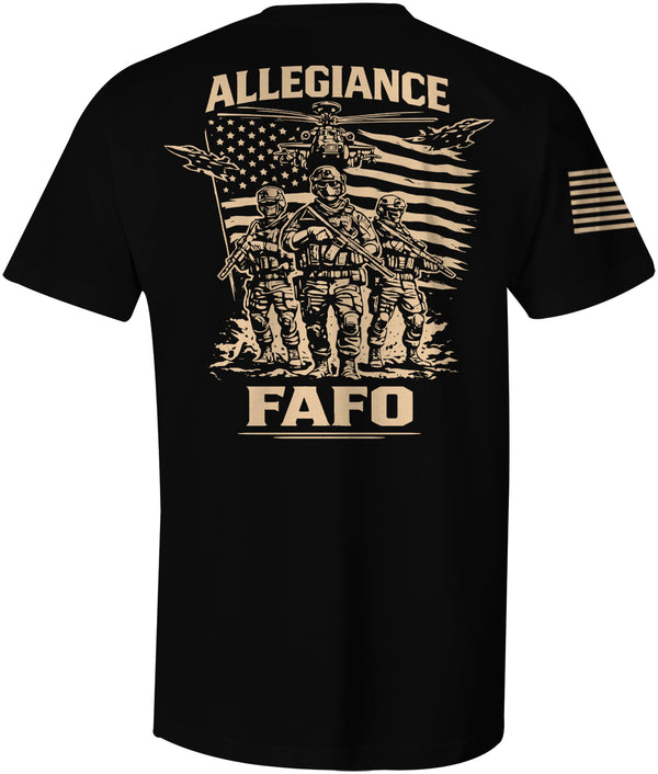 FAFO patriotic military graphic tee with armed operators, American flag background, helicopter and jets.