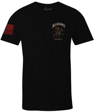 A black short-sleeve t-shirt with a distressed red American flag graphic on the right sleeve and a distressed red and beige 'ALLEGIANCE' graphic on the left chest, shown on a plain white background.