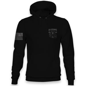 Black Allegiance Play Harder Hoodie with small skeleton welder graphic on the chest and monochrome American flag on the sleeve.