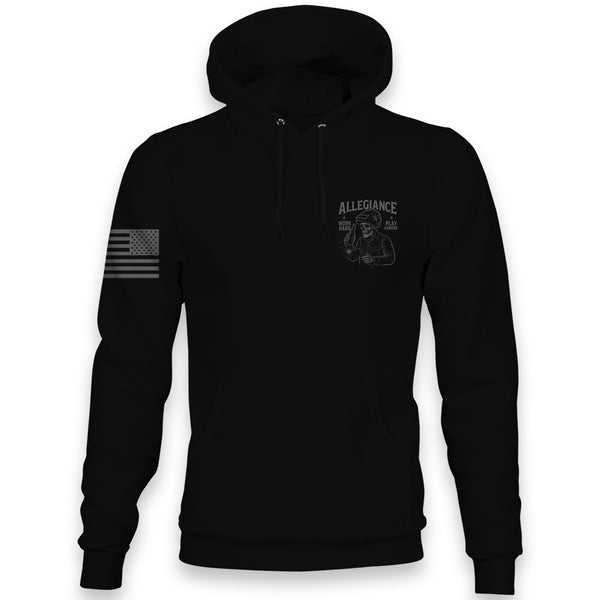 Black Allegiance Play Harder Hoodie with small skeleton welder graphic on the chest and monochrome American flag on the sleeve.