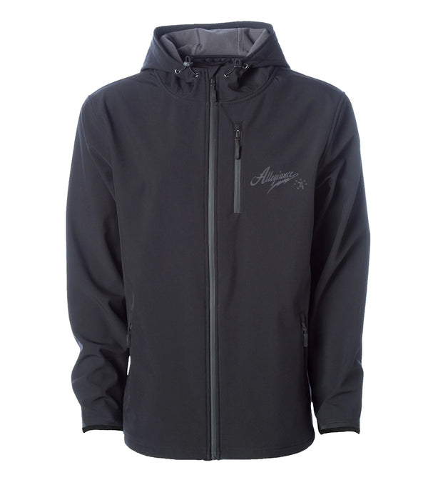 Front view of Allegiance Snowpack Tech Jacket in black with water-resistant soft-shell fabric and Allegiance chest logo
